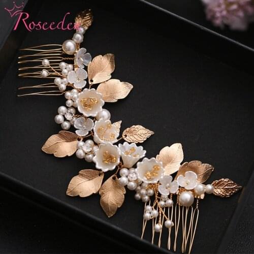 Gold Leaf Bridal Long hair Comb White Porcelain Flower Headpiece Wedding Prom Hair Jewelry RE4129