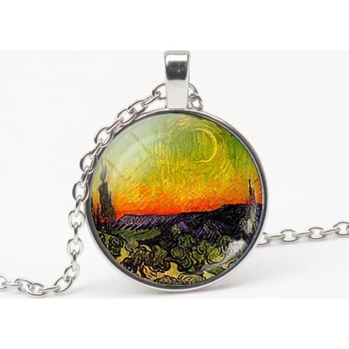 Vintage Van Gogh Oil Painting Pendant Necklace Moon Night Street Landscape Pattern Sunflower Necklace Men Women Handmade Trinket