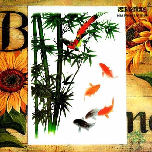 SHNAPIGN Bamboo Koi Temporary Tattoo Body Art Flash Tattoo Stickers 12*20cm Waterproof Henna Styling Home Decor Wall Sticker