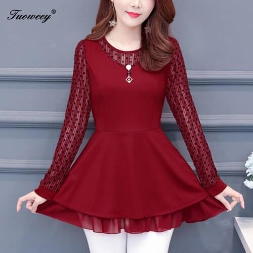 4XL Plus Size polka dot Women Blouses 2019 Fashion autumn long Sleeve loose patchwork Long Shirt Female Casual tops