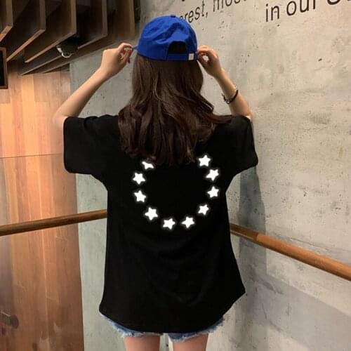 Girl Reflective T-Shirt Women\s Fashion Summer O Neck Casual Short Sleeve Letter Stars Print T Shirt New Style