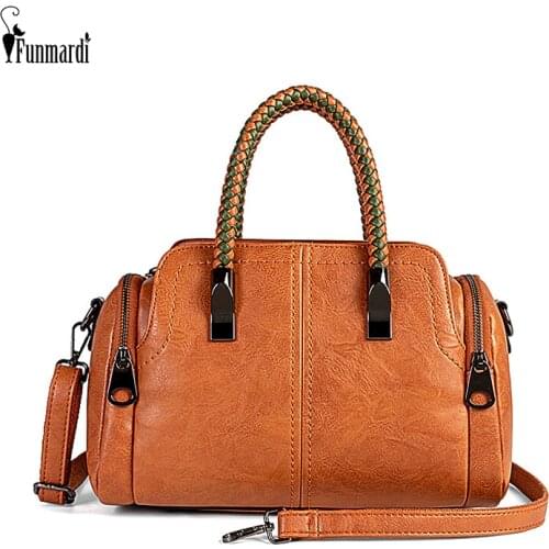 FUNMARDI Women HandBags Vintage Boston Bag Female Leather Tote Bag Woven Design Shoulder Bag Luxury Brand Messenger Bag WLHB2282