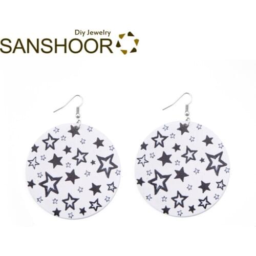 SANSHOOR 6cm Full Stars Wooden Drop Dangle Earrings With Copper Hooks White Black Color Bohemian Design For Women 6 Pairs