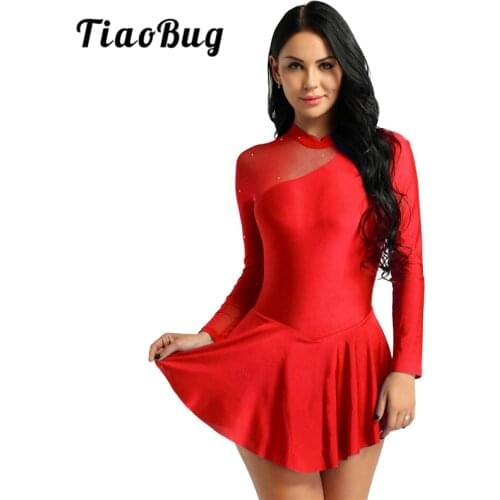 TiaoBug Women Figure Skating Costume Long Sleeve Latin Ballet Leotard Dress Adult Gymnastics Leotard Ballroom Stage Dance Wear