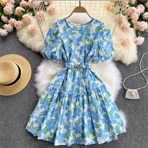 Summer new print with belt Dress Round neck temperament, vitality, age reduction woman dress Puff sleeve /dresses for women 2021