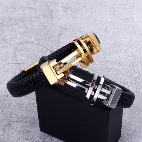 2019 XMAS Gifts gold stainless steel with leather cross bracelet mens punk bangle 12mm 8.26