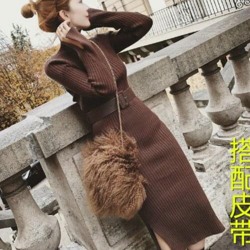 2020 New Women Vintage Slim Dress Autumn Winter Elegant Dress Thick Dresses with Belt Sweater Dress