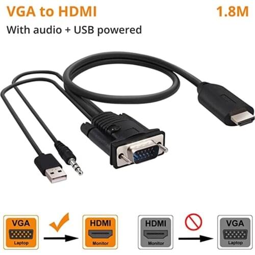 6ft/1.8m VGA to HDMI Adapter Cable with 3.5mm Audio USB Video Converter Cord 1080P Support Nintendo Switch PS4 Laptop etc