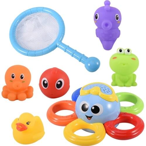 7Pcs/Set Floating Bathing Toy Fish Swimming Water Toys with Fishing Net Spray Shower Squeeze Water Funny Animals for Kids Gift