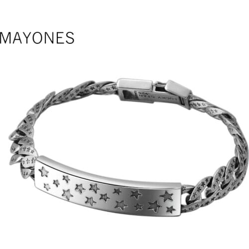 9mm Width 100% 925 Sterling Silver Lucky Star Bracelet For Men Women Vintage Punk Rock Link Chain&Bracelets Thai Silver Jewelry