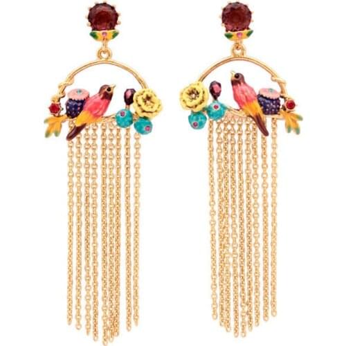 European and American Handmade Enamel Glaze Cactus Desert Series Bird Flower Tassel Long Earrings Personalized Earrings Ear Clip