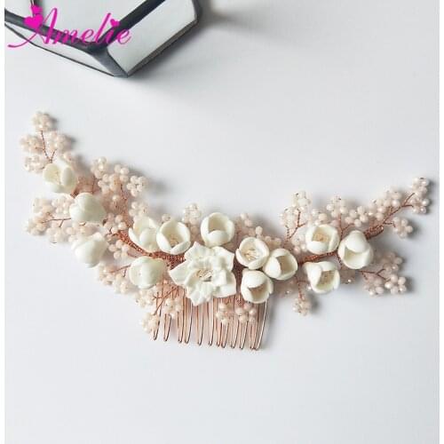 Handmade Porcelain Flowers Hair Piece Jewelry Wedding Bridal Hair Comb Headdress Tiara