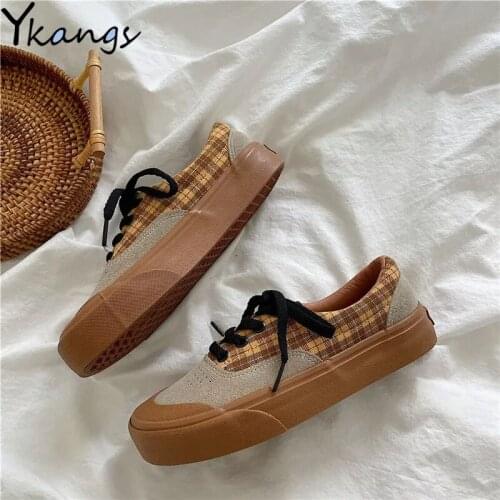 Summer Brown Plaid Ladies Canvas Shoes New Style Flat Lace-up Casual Outdoor Sports Shoes 2021 Student Low-cut Vulcanized Shoes
