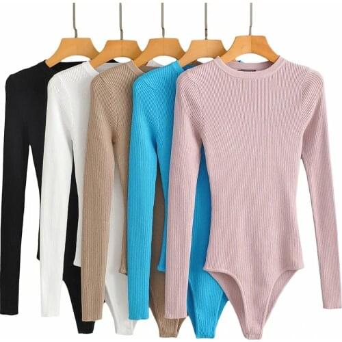 Autumn Winter One Piece Women Knitted Solid O Neck Long Sleeve Black White Blue Pink Khaki Top Bodysuit Bodycon Jumpsuit