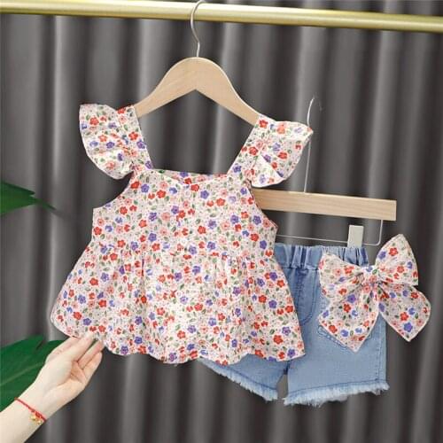 2021 Summer Infant Girls Clothing Sets Toddler Baby Outfit Printing Vest Denim Shorts Tassel Outdoor Kids Casual Beach Clothes
