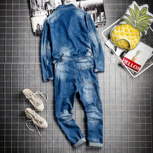 Fashion Mens Long Sleeve Washed Hole Ripped Jeans Cargo Bib Overalls Hip Hop One Piece Jumpsuit Harajuku Streetwear Denim Pants