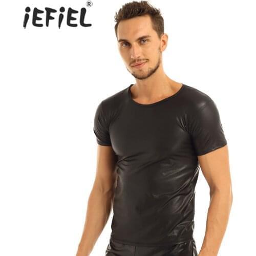 IEFiEL Sexy Tops for Mens Faux Leather Short Sleeve T-shirts Tops Sex Gay Men Undershirts Clubwear Costumes Party Clothing