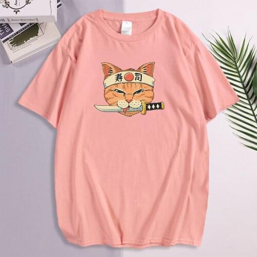 Shirts Catana Knight Sushi Cat Cartoon Printed T-Shirts Man Summer Vintage Fashion Tshirt Men 2021 Oversize Punk Mens Clothes