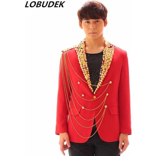 England Style Male Formal Suit Jackets Tide Slim Red With Buttons Chain Blazers Coat Mens Host Stage Costume Singer Star Outfit