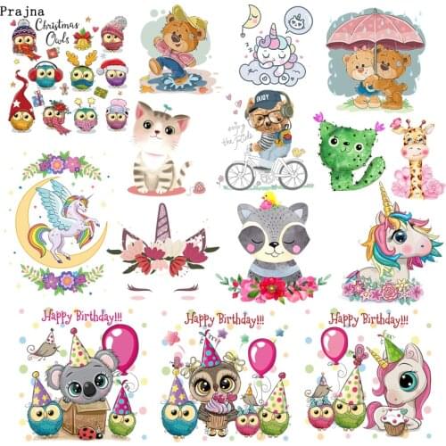 Prajna Iron On Transfers Cartoon Small Animal Unicorn Koala Owl Bear Cat Patch Ironing Stickers Heat Transfer For Cloth Applique
