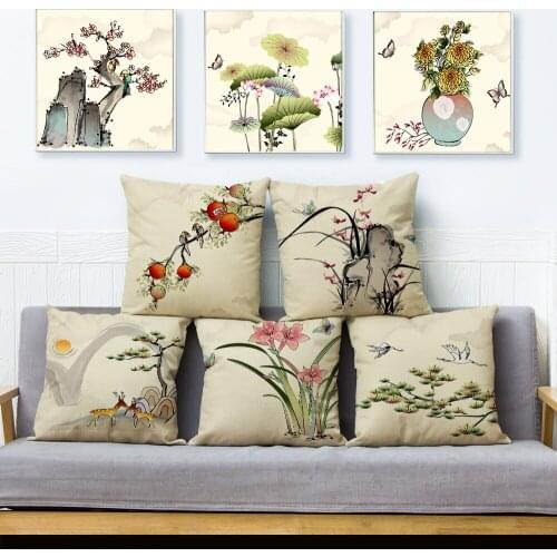 Nordic style Colorful Chinese Link Plant Cushion Cover Linen Pillow Covers Throw Pillow Case Sofa Home Decor Flower Pillowcase