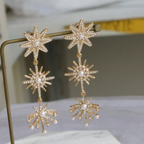 2020 New ZA Earrings Women Korean Fashion Golden Long Earrings Femme Shine Crystal Rhinestone Pearl Star Dangle Earrings Jewelry