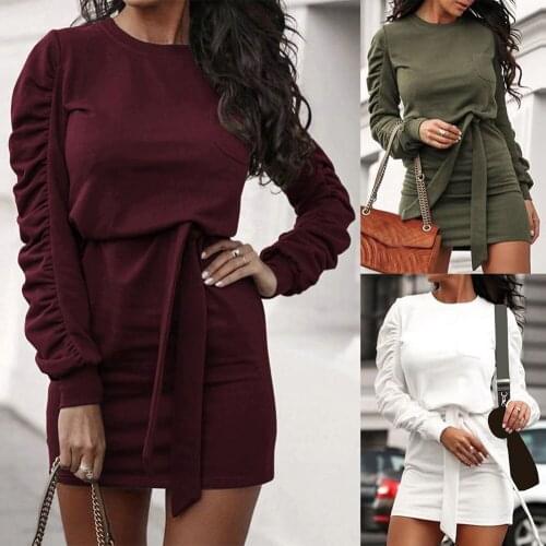 Kili Pure Color Long-Sleeve Sweater Tie Dress Autumn Sexy Slim Sleeve Pleated Dress