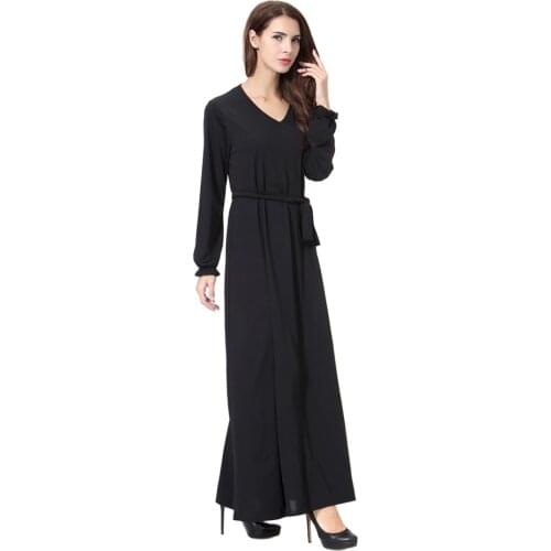 Abaya Dress Muslim Women Girls Maxi Jalabiya Islamic Black Plain Clothing Robe Kaftan Simple Style V-Collar Wholesale
