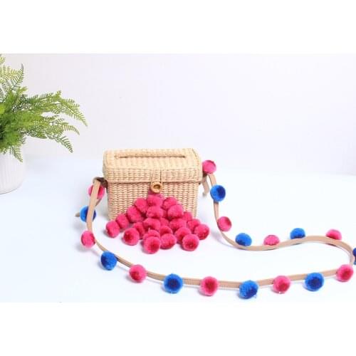 Woven-rattanSummer Beach Bags Colorful Pompom Straw Bag HairBall Mini Box Bag Tasselled Women Handmade Handbags Vintage Clutch