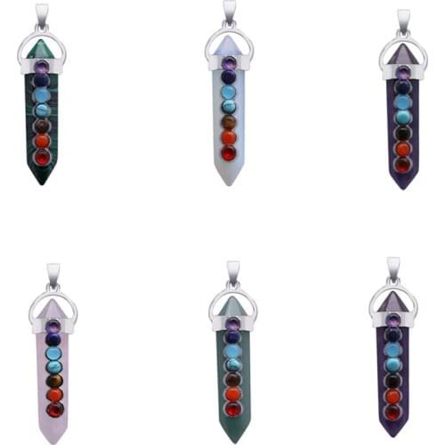 Rainbow 7 Chakra Hexagonal Column Natural Gem Stone Tiger Eye Turquoises Amethyste Pendentif Bullet Pendant Pendulum Jewelry