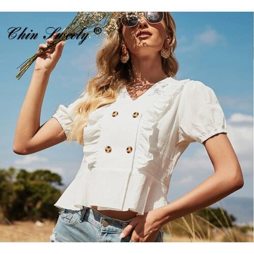 Solid Folds V-neck Puff Sleeve Womens Shirts Casual Double Breasted Pullover Female Shirt 2021 Summer New Trend Ladies Blouse