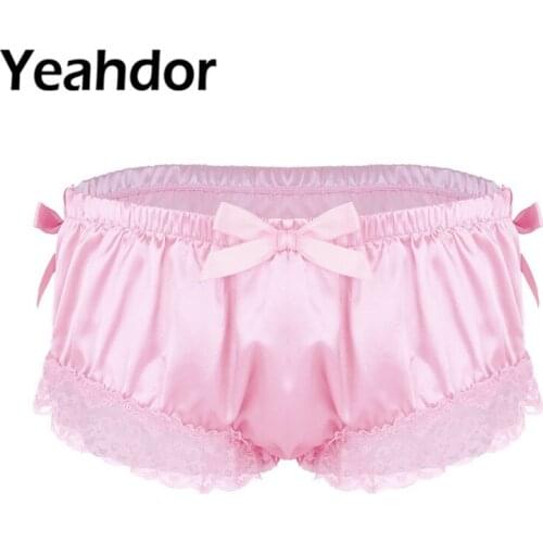 Sexy Gay Panties Mens Sissy Lingerie Shiny Soft Satin Ruffled Floral Lace Sissy Men Underwear Homme Cute Bowknot Knickers Briefs