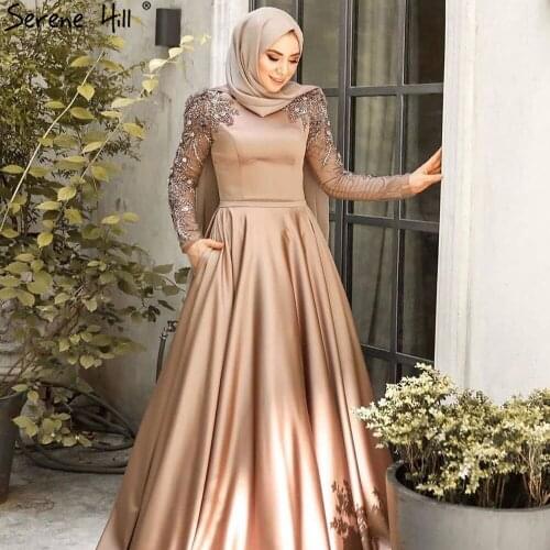 Serene Hill Muslim Gold Luxury Evening Dresses A-Line 2021 Beading Gowns For Women Wedding Party DLA71069