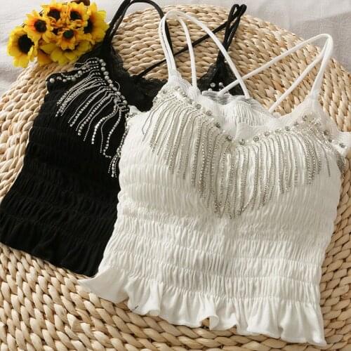 Tassel Ruched Camis Clothes Women Ropa Mujer Cross Bandage Hollow Corset Top Femme French V-Neck Slim Tank Pearl Clothing Summer