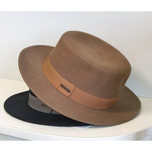 VRIGINER New Retro Winter And Autumn Womens Top Hat, Wool Felt Fedora Hat With Belt Decoration, Ladies Captain Hat Flat Brim