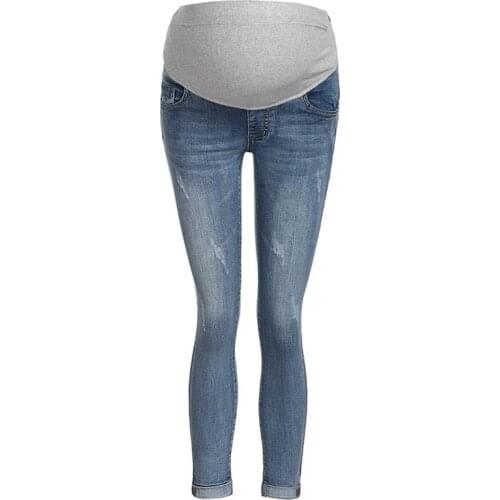 Ladies New Jeans Ripped Hole Labeling Embroidery Ladies Jeans Maternity Pants Elastic Waist
