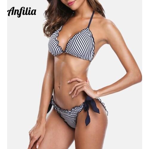 Anfilia Women Bikini Set Striped Swimsuit Halter Swimwear Side Bandage Bathing Suit Beachwear Sexy Bikini