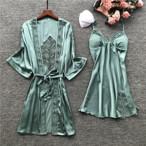 Women Sexy Lace Silk Robe & Gown Sleep Lounge Set Dress+Bathrobe Two Piece Solid Robe Bridesmaid Sleepwear Femme Home Nightgown