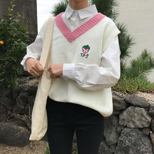 Spring And Autumn Ladies Kawaii Sweater Vest Korean Style Harajuku Fruit Embroidery Sleeveless V-Neck Loose Sweater Women 2021