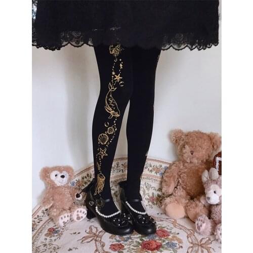 Velvet 120D Women Pantyhose Ocean and Whale Print Lolita Tights