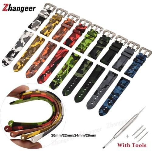 20mm 22mm 24mm 26mm Soft Camouflage Silicone Strap Flat Interface Universal Buckle Rubber Watchband Watch Accessories + Tools