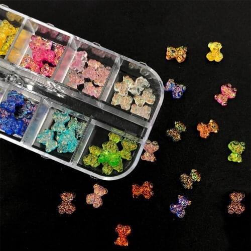60Pcs 12 Grid Cute 3D Glitter Bear Flowers Resin Crafts Nail Art Decoration Rhinestone for Nails DIY Scrapbooking Accessories