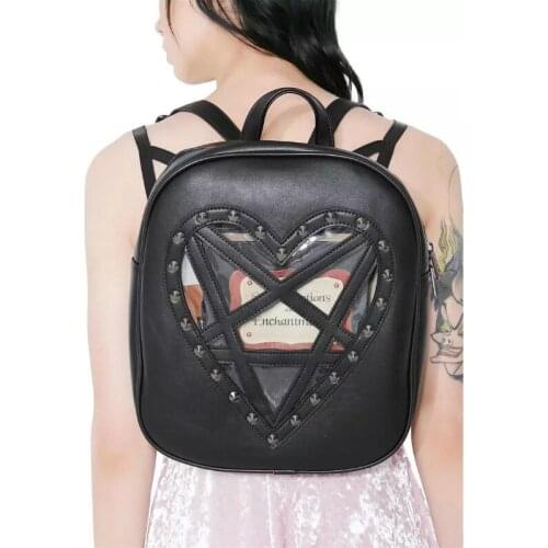 Black Gothic Style PU Leather Knapsack Dark Harajuku Lolita Girl Transparent Heart-shaped Hollow Pentagram Rivet Punk Backpack