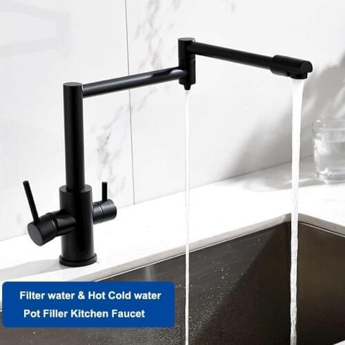 Nickel Black Pot Filler Faucet Filter Water Drinking Kitchen Tap with Dual Swing Joints Deck-mounted Folding Faucet