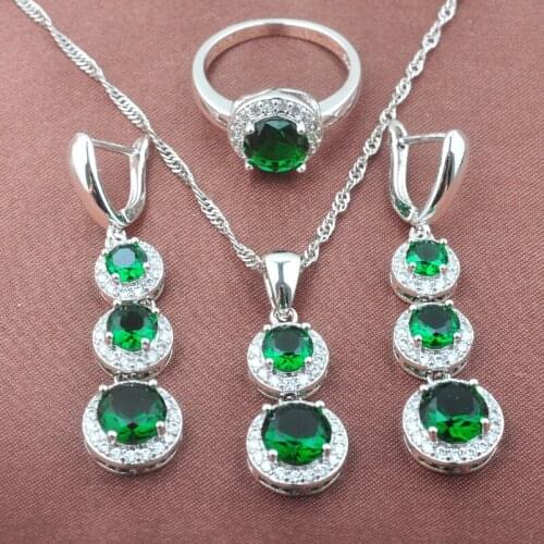 Dubai Jewelry Green Cubic Zirconia Silver Color 3 Pcs Jewelry Set For Women Costume Earring Necklace Pendant Ring YZ0493