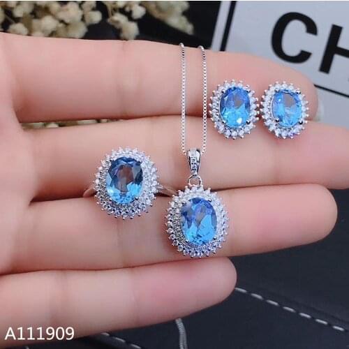 KJJEAXCMY boutique jewelry 925 sterling silver inlaid Natural Blue topaz Necklace Earring Ring Set Support Test