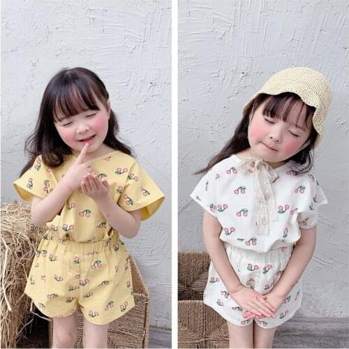 Korean Style Girls Summer Clothes Set 2021 Children Cotton Cheery Printing Short Sleeve T Shirts and Shorts 2pcs Suit