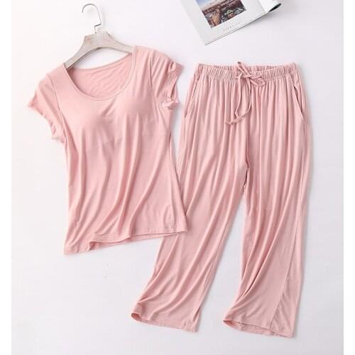 Sexy Women Modal Bra-T New Pajamas Sets Padded Top Pants All Match Comfortable Pink Sleepwear Solid Short Lingerie