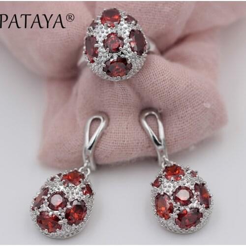 PATAYA Women Spherical True White Gold Romantic Wedding Party Jewelry Set Pomegranate Red Natural Zirconia Earrings Ring Sets
