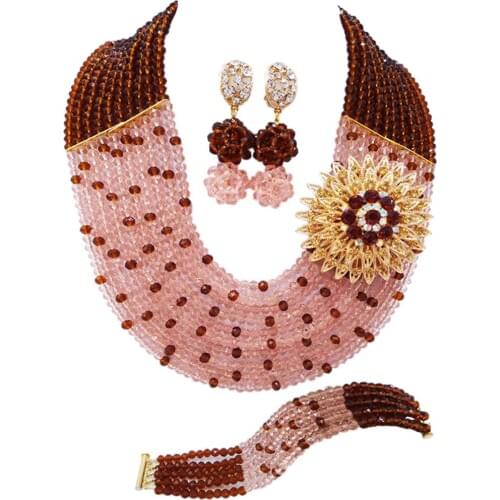 Brown and peach costume necklace african set nigerian wedding jewelry sets 10szk